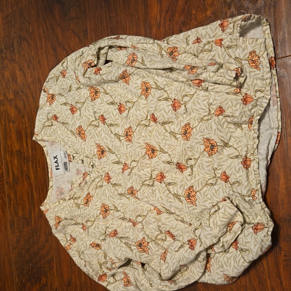 Flax Tops - Flax blouse 100% linen poppy tulip floral print long sleeve crew neck cream S